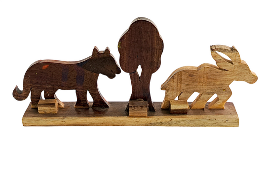Handmade Wooden Animal Showpiece with Deer, Tiger and Tree Design, Traditional Indian Handicraft Decor for Home, Office Desk, Table Decoration