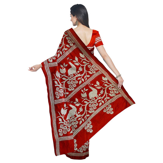 Elegant Blended Silk Saree with Traditional Kantha Stitch Work With BP