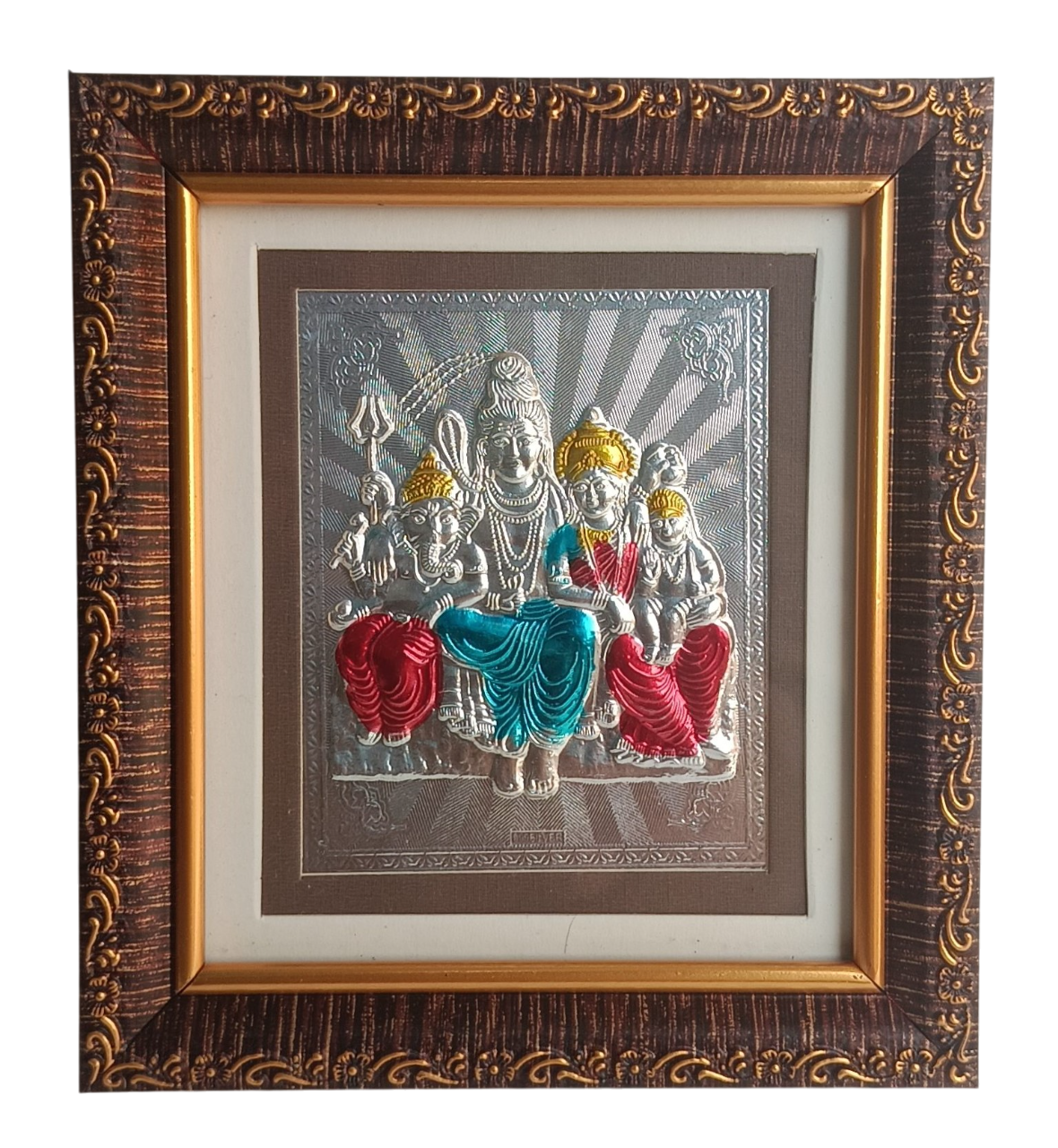 Shiv Parvati Family Silver Foil Wall Hanging Frame
