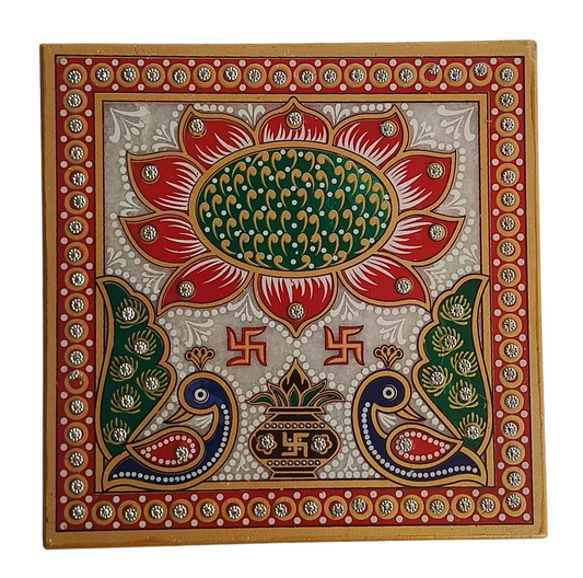 Hand-Painted Marble Chowki for Pooja, Decor & Gifting | Traditional Chowki with Meenakari Work