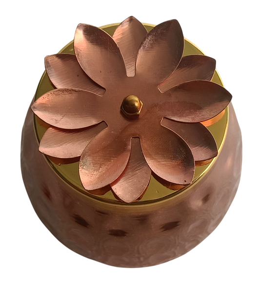 Traditional Fluted Copper Container with Brass Lid & Flower Knob – Decorative Storage Jar