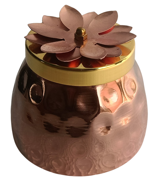 Traditional Fluted Copper Container with Brass Lid & Flower Knob – Decorative Storage Jar
