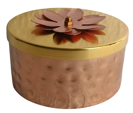 Handcrafted Hammered Copper Storage Box with Brass Flower Lid – Round Keepsake Container
