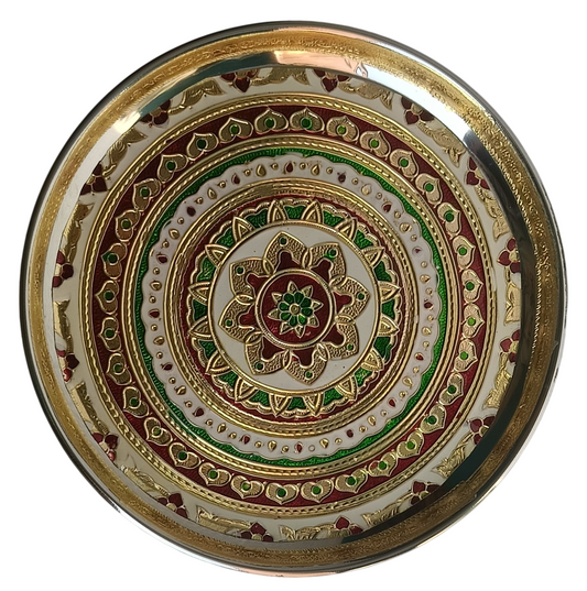 Round Meenakari Decorative Thali – Red-Green-Golden Mandala Design