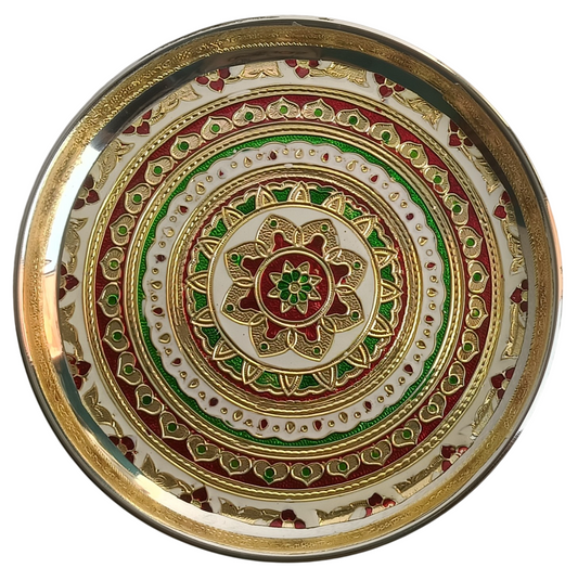 Round Meenakari Decorative Thali – Red-Green-Golden Mandala Design