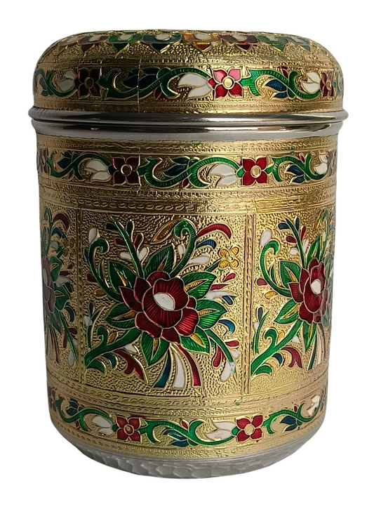 Handcrafted Meenakari Storage Container – Floral Design – Decorative Dry Fruit Jar