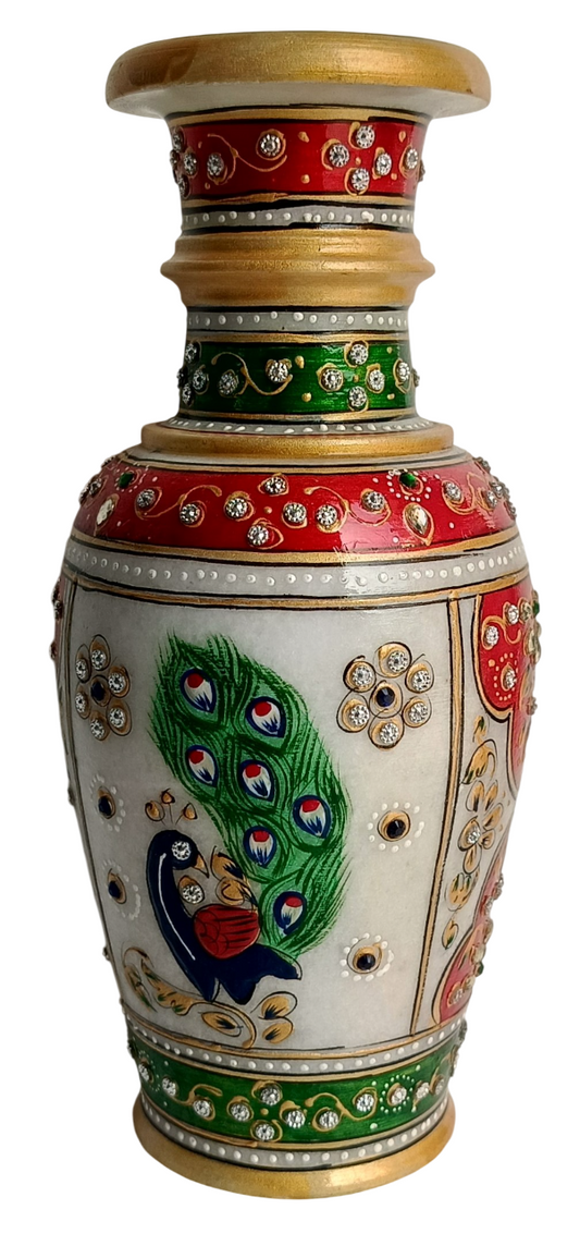 Handcrafted Marble Flower Vase with Meenakari and Kundan Artwork – Decorative Peacock Design