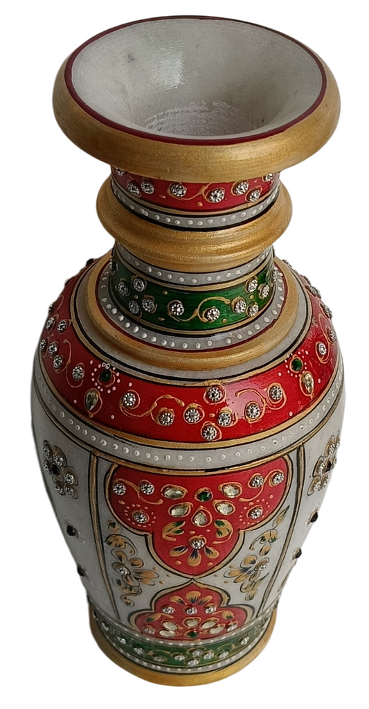 Handcrafted Marble Flower Vase with Meenakari and Kundan Artwork – Decorative Peacock Design