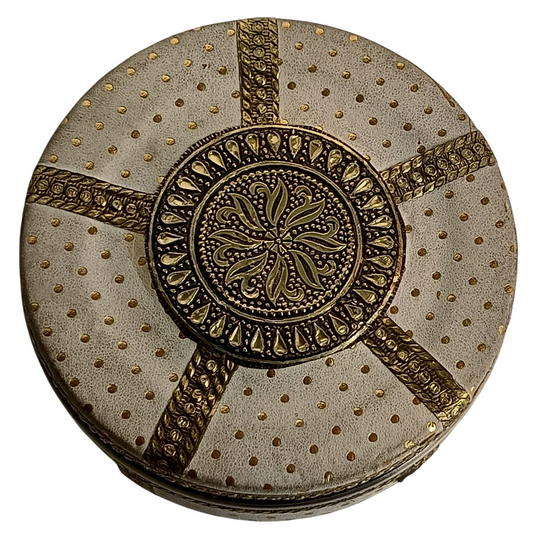 Meenakari Stainless Steel Decorative Box – White & Gold Engraved Design