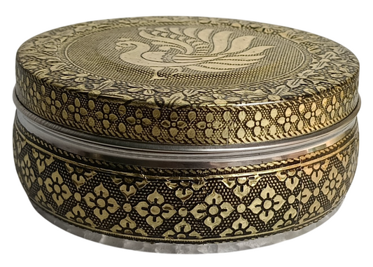 Traditional Meenakari Stainless Steel Storage Box with Peacock Design – Decorative Container