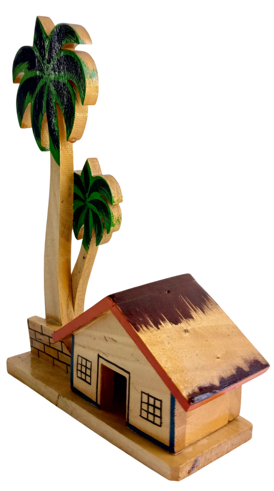 Handmade Wooden Village House with Palm Tree Showpiece, Traditional Indian Handicraft Home Decor, Living Room Office Desk Decoration