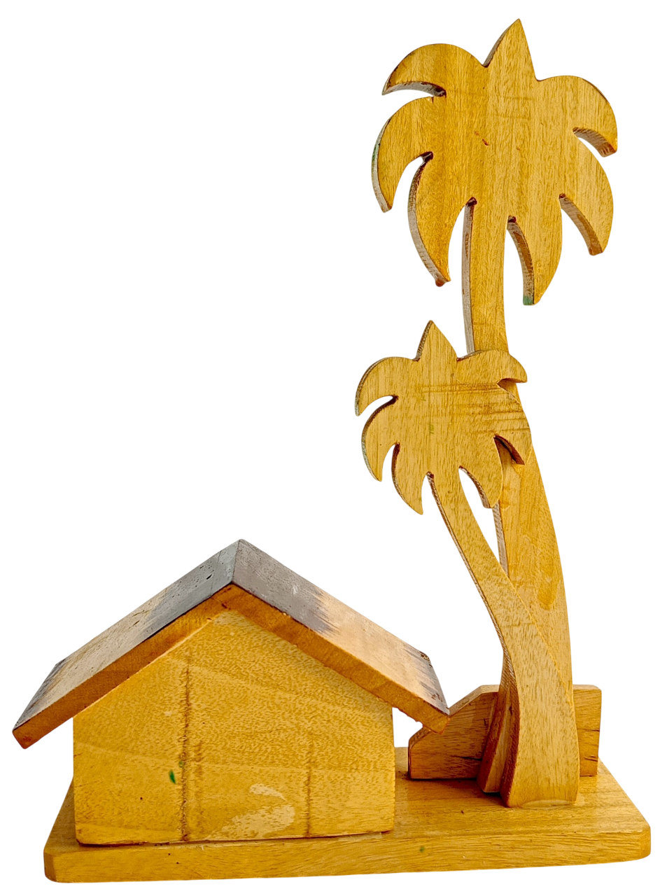 Handmade Wooden Village House with Palm Tree Showpiece, Traditional Indian Handicraft Home Decor, Living Room Office Desk Decoration