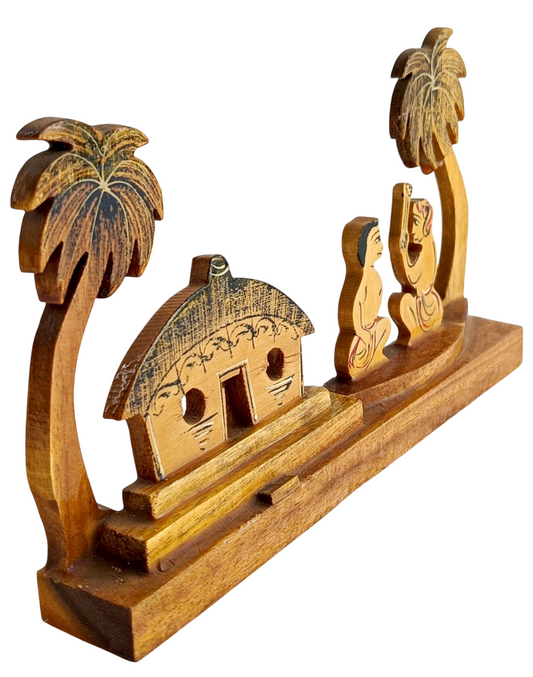 Handmade Wooden Tribal Village Hut Showpiece | Traditional Rural Life Wooden Handicraft Decor | Ethnic Indian Wooden Tabletop Decoration for Home & Office