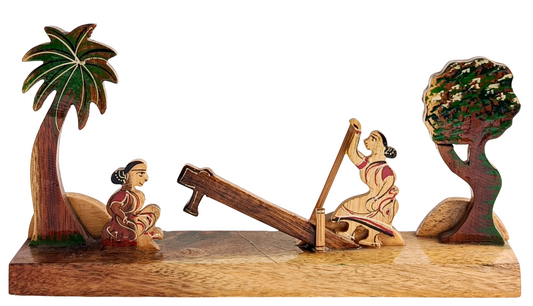 Handmade Wooden Bengali Village Scene Showpiece – Traditional Dhenki Rice Husking Craft | Rural Life Wooden Handicraft Decor | Eco-Friendly Wooden Table Decor for Home & Office