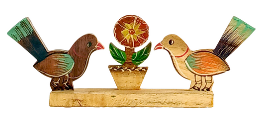 Handmade Wooden Birds Showpiece with Flower Pot, Traditional Indian Handicraft Decor for Home Office Desk Table Decoration