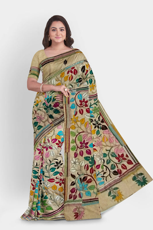 Kantha Stitch: Stylish Blended Silk Saree showcasing Traditional Artistry in Modern Indian Fashion With BP