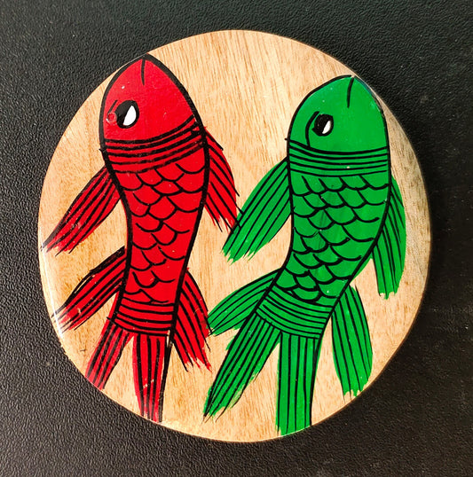 Decorative Patachitra Handpainted Wooden Coaster Set of 2 by Mukherjee Handicrafts (8cm X 8cm)