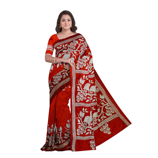 Elegant Blended Silk Saree with Traditional Kantha Stitch Work With BP