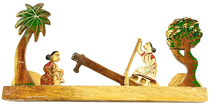 Handmade Wooden Bengali Village Scene Showpiece – Traditional Dhenki Rice Husking Craft | Rural Life Wooden Handicraft Decor | Eco-Friendly Wooden Table Decor for Home & Office