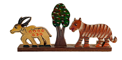Handmade Wooden Animal Showpiece with Deer, Tiger and Tree Design, Traditional Indian Handicraft Decor for Home, Office Desk, Table Decoration
