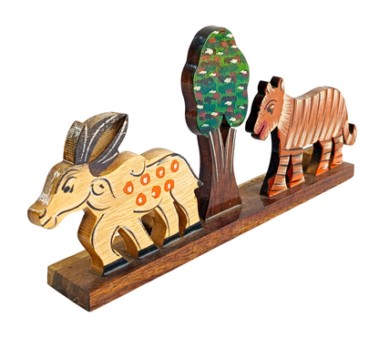 Handmade Wooden Animal Showpiece with Deer, Tiger and Tree Design, Traditional Indian Handicraft Decor for Home, Office Desk, Table Decoration