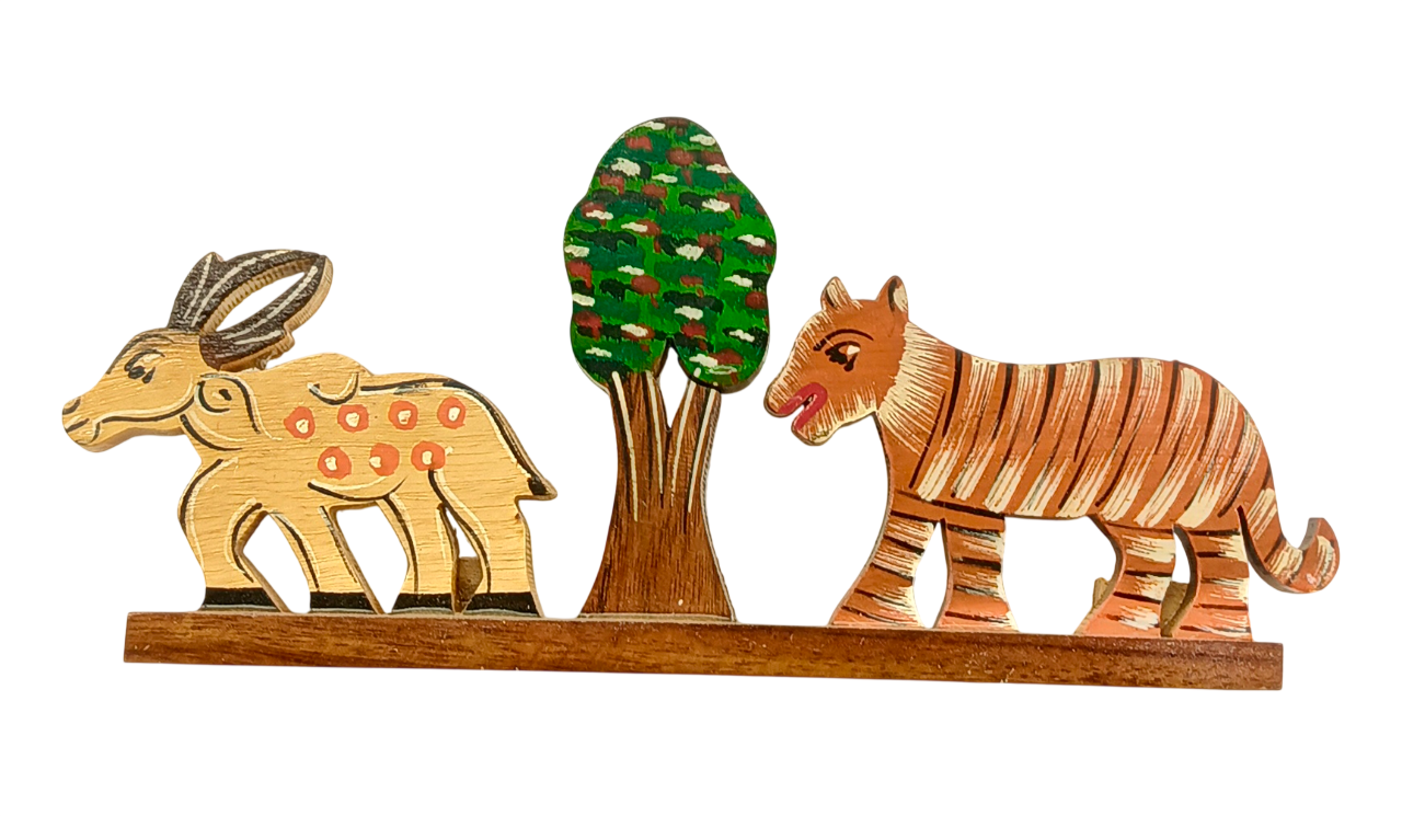 Handmade Wooden Animal Showpiece with Deer, Tiger and Tree Design, Traditional Indian Handicraft Decor for Home, Office Desk, Table Decoration