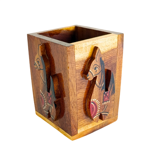 Handcrafted Wooden Pen Holder for Desk – Vintage Horse Design Pencil Holder, Handmade Wood Desk Organizer for Office, Study Table & Home Decor