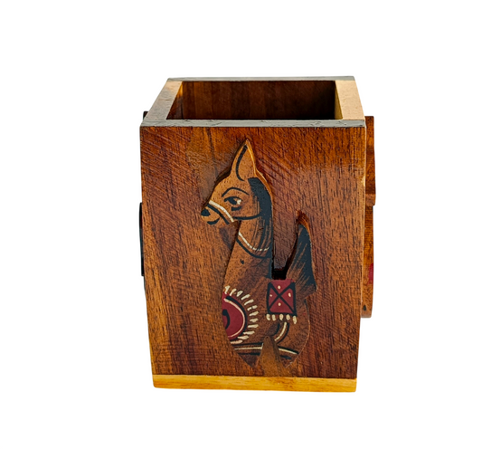 Handcrafted Wooden Pen Holder for Desk – Vintage Horse Design Pencil Holder, Handmade Wood Desk Organizer for Office, Study Table & Home Decor