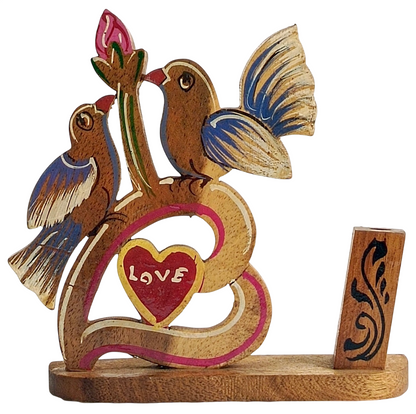 Handmade Wooden Love Birds Showpiece with Heart Design, Decorative Desk Decor for Home and Office, Romantic Gift for Couples, Weddings, Anniversaries
