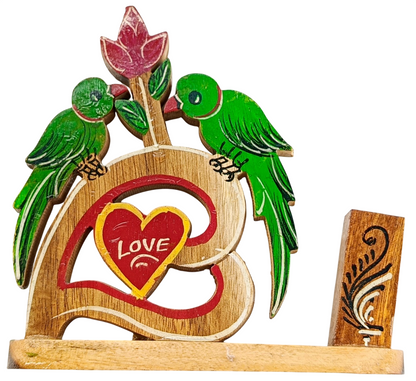 Handmade Wooden Love Birds Showpiece with Heart Design, Romantic Home Decor, Table and Shelf Decoration, Gift for Couples and Anniversaries