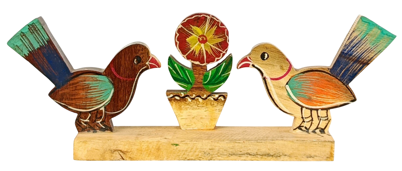 Handmade Wooden Birds Showpiece with Flower Pot, Traditional Indian Handicraft Decor for Home Office Desk Table Decoration