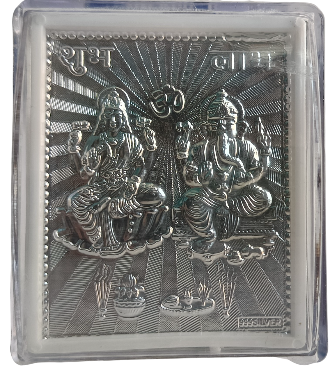Laxmi Ganesh Silver Foil Tabletop Frame – Small Plastic Stand Frame for Office Desk, Temple, or Gift