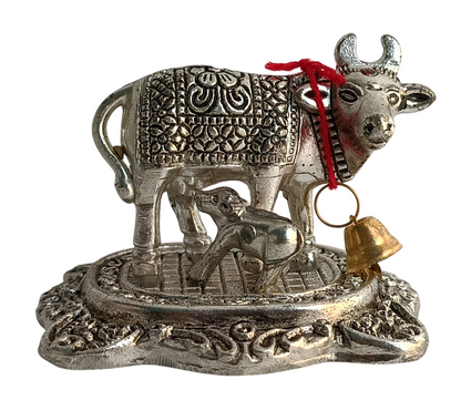 German Silver Cow and Calf Statue – Symbol of Prosperity and Devotion.