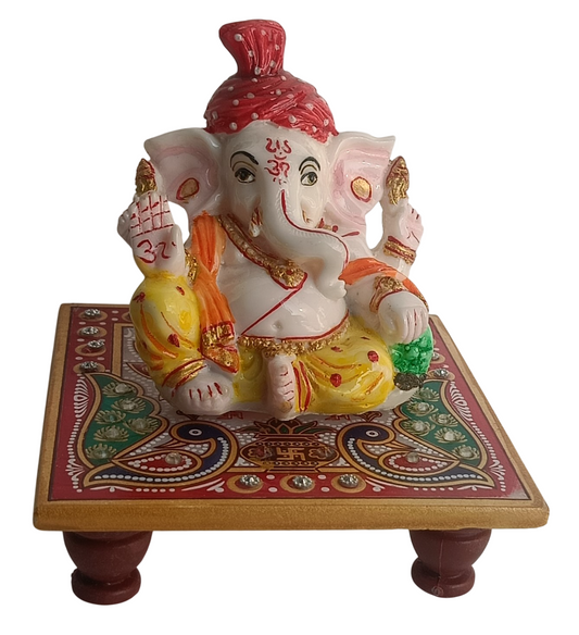 Handcrafted Marble Ganesh Idol on Decorative Chowki | Lord Ganesha Statue for Pooja & Home Decor