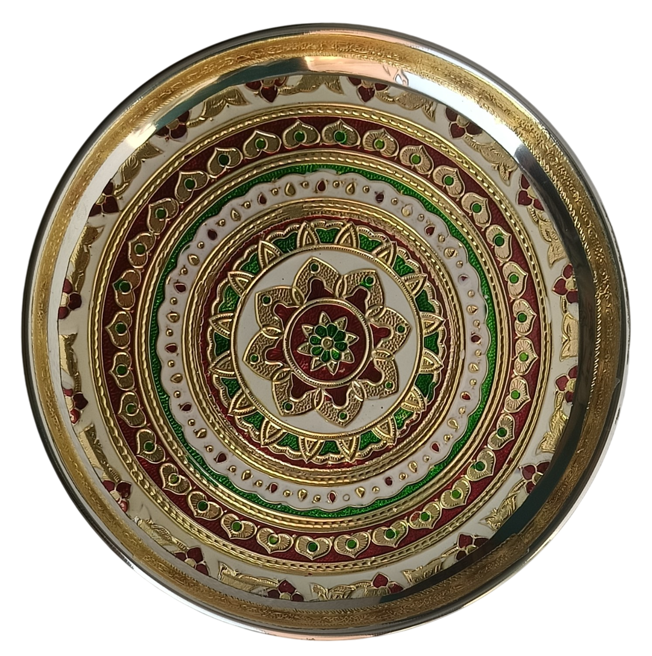 Round Meenakari Decorative Thali – Red-Green-Golden Mandala Design