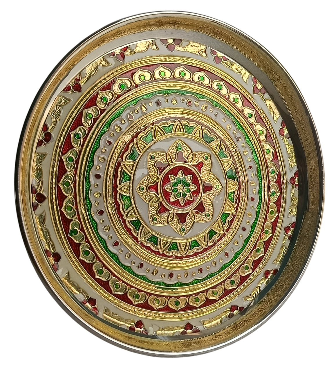 Round Meenakari Decorative Thali – Red-Green-Golden Mandala Design