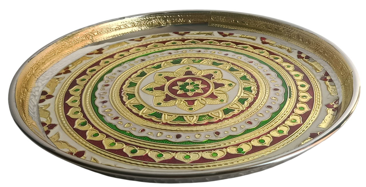 Round Meenakari Decorative Thali – Red-Green-Golden Mandala Design