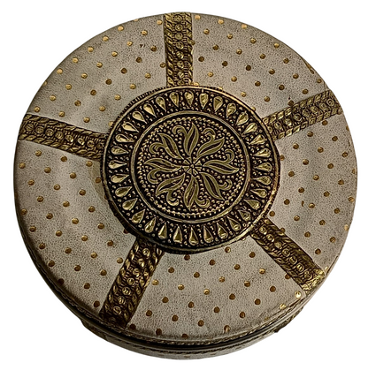Meenakari Stainless Steel Decorative Box – White & Gold Engraved Design