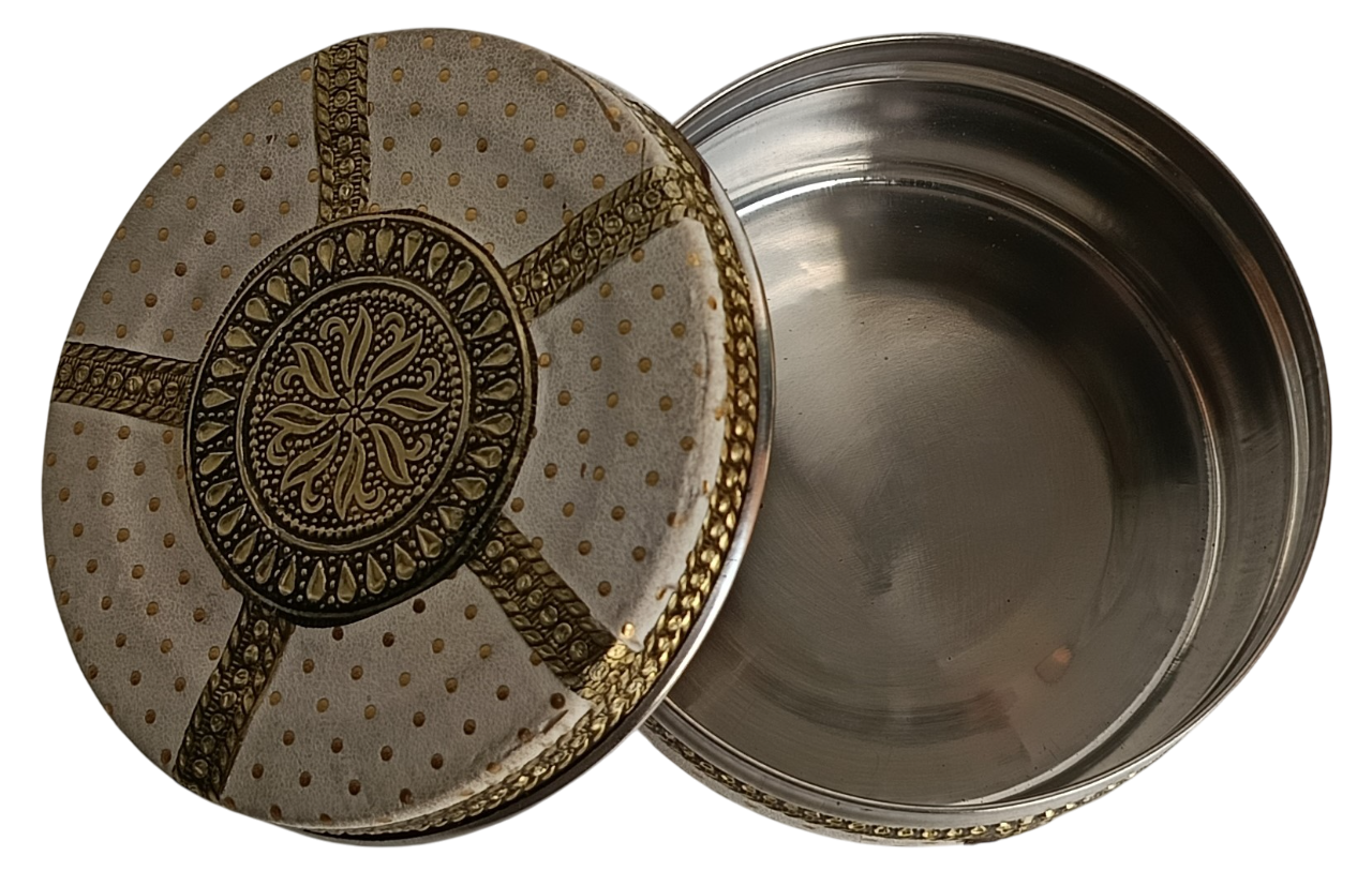 Meenakari Stainless Steel Decorative Box – White & Gold Engraved Design