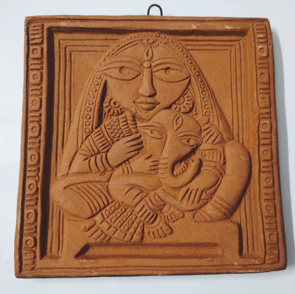 Ganpati Ma Durga Janani Terracotta Wall Hanging Showpiece- Brown, Medium