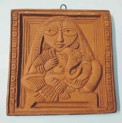 Ganpati Ma Durga Janani Terracotta Wall Hanging Showpiece- Brown, Medium