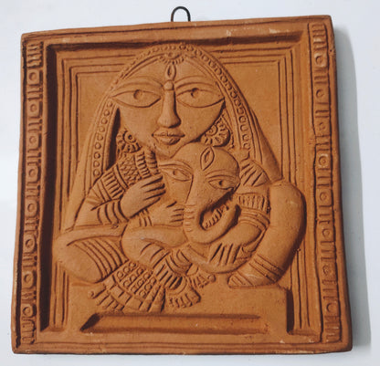 Ganpati Ma Durga Janani Terracotta Wall Hanging Showpiece- Brown, Medium