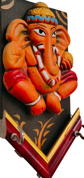 Ganesha Wooden Wall Hanging with Key Holder for Home Office Wall Decor Showpiece