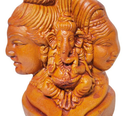 Handmade Terracotta Ganesha Idol with Shiv and Parvati by Mukherjee Handicrafts for Home Decor