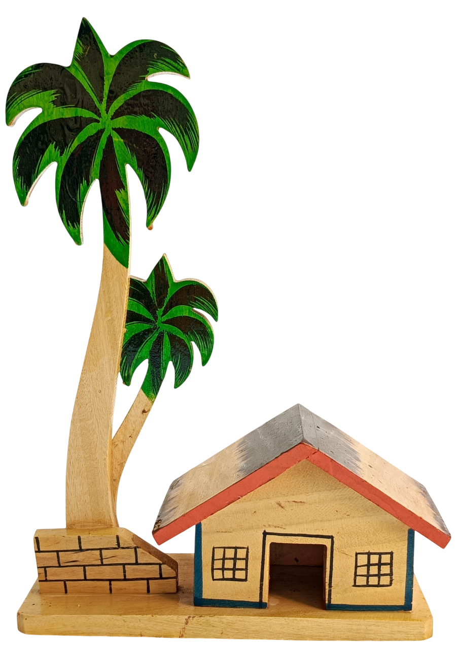Handmade Wooden Village House with Palm Tree Showpiece, Traditional Indian Handicraft Home Decor, Living Room Office Desk Decoration