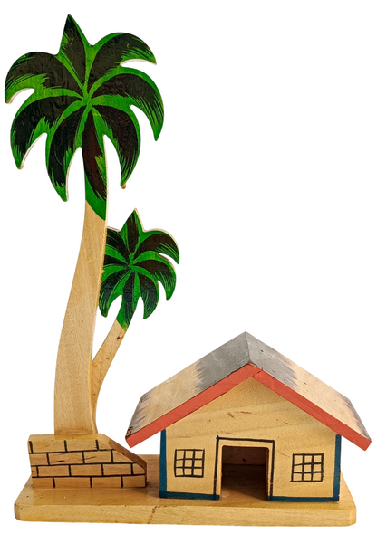 Handmade Wooden Village House with Palm Tree Showpiece, Traditional Indian Handicraft Home Decor, Living Room Office Desk Decoration