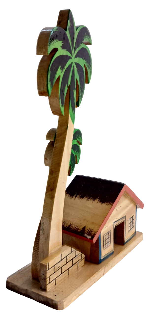 Handmade Wooden Village House with Palm Tree Showpiece, Traditional Indian Handicraft Home Decor, Living Room Office Desk Decoration