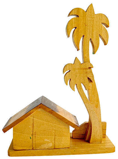 Handmade Wooden Village House with Palm Tree Showpiece, Traditional Indian Handicraft Home Decor, Living Room Office Desk Decoration