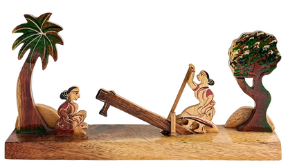 Handmade Wooden Bengali Village Scene Showpiece – Traditional Dhenki Rice Husking Craft | Rural Life Wooden Handicraft Decor | Eco-Friendly Wooden Table Decor for Home & Office