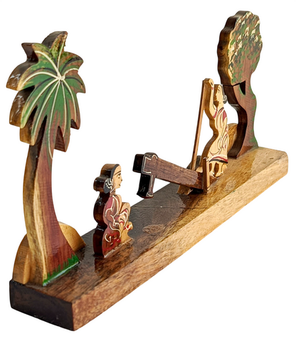 Handmade Wooden Bengali Village Scene Showpiece – Traditional Dhenki Rice Husking Craft | Rural Life Wooden Handicraft Decor | Eco-Friendly Wooden Table Decor for Home & Office